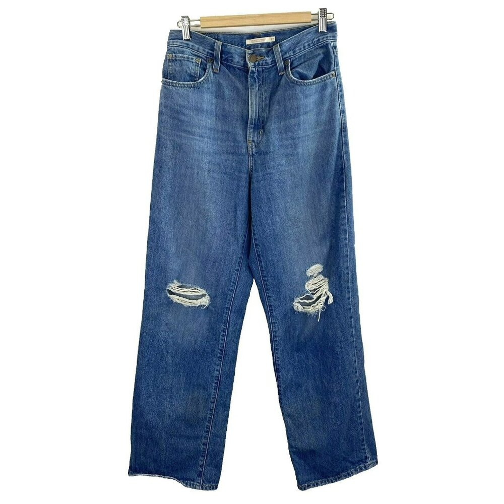 Levis Jeans High Waisted Straight Denim Blue Womens Size 27x30 Distressed